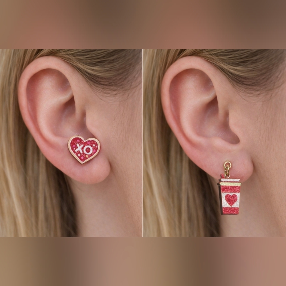 Soigne XO Heart Coffee Cup Valentine Dangle Earrings Pink Glitter Love